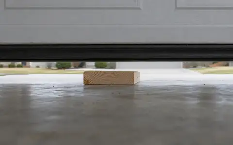 A two-by-four laid flat on the garage floor under a closing garage door